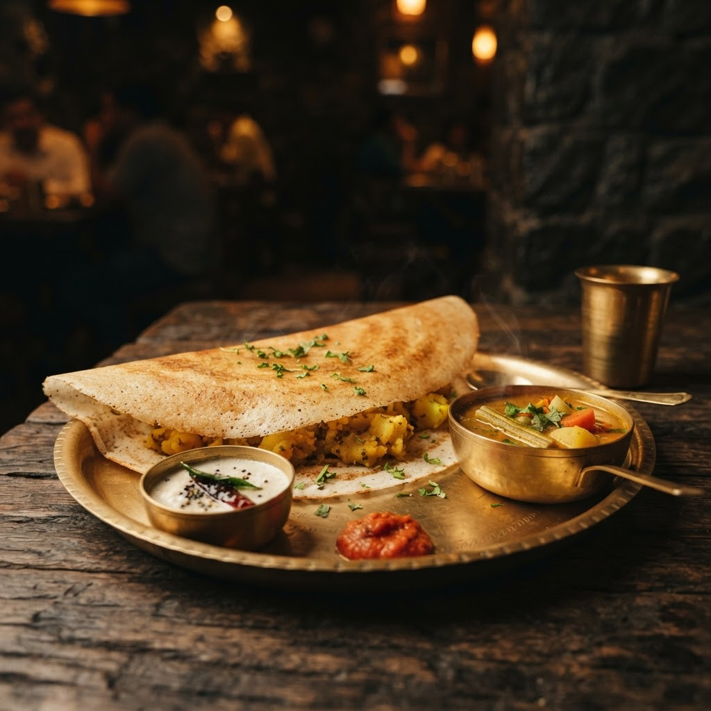 Golden masala dosa served with chutney and sambar